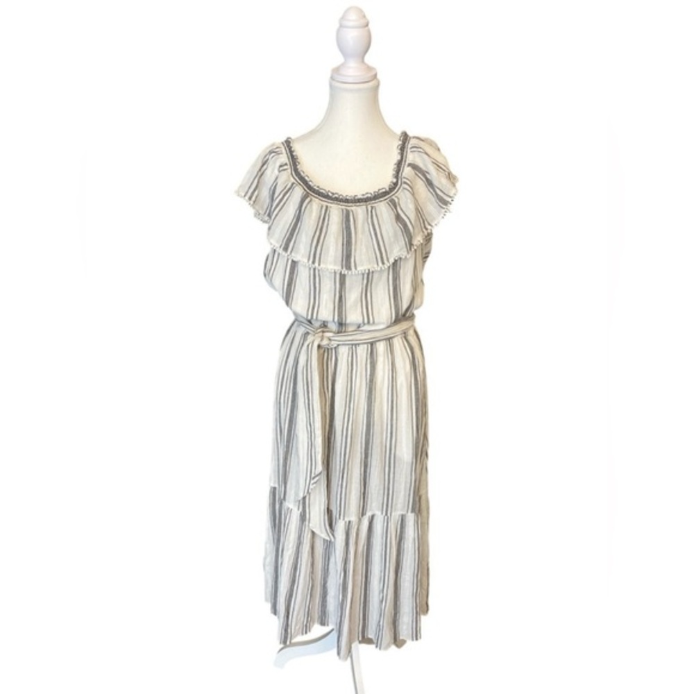Lauren Ralph Lauren Striped Cotton Midi‎ Dress Ruffle Trim Boho Coastal  Sz 6